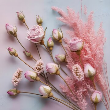 Pink dried flowers and pampas grass arrangement on pastel background
