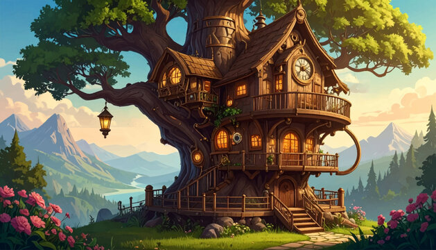 Layered wooden tree house with clock and scenic valley. Giant root cottage for fantasy book cover artwork. Warm glowing windows inside magical forest architecture