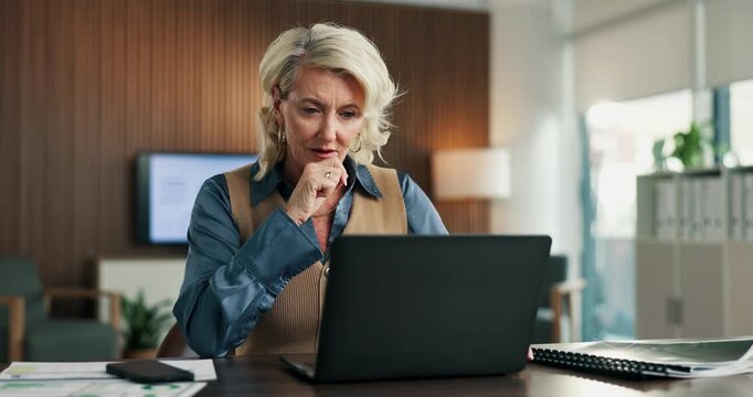 Surprise, woman or stress on laptop in business for tax portal breach, audit report loss or crisis. Accountant, mature person or worry with tech at firm for phishing email, job risk and finance fraud