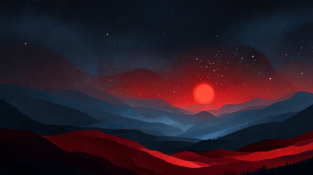 A vibrant digital illustration of a red moon setting over a mountain range at dusk with a starry night sky