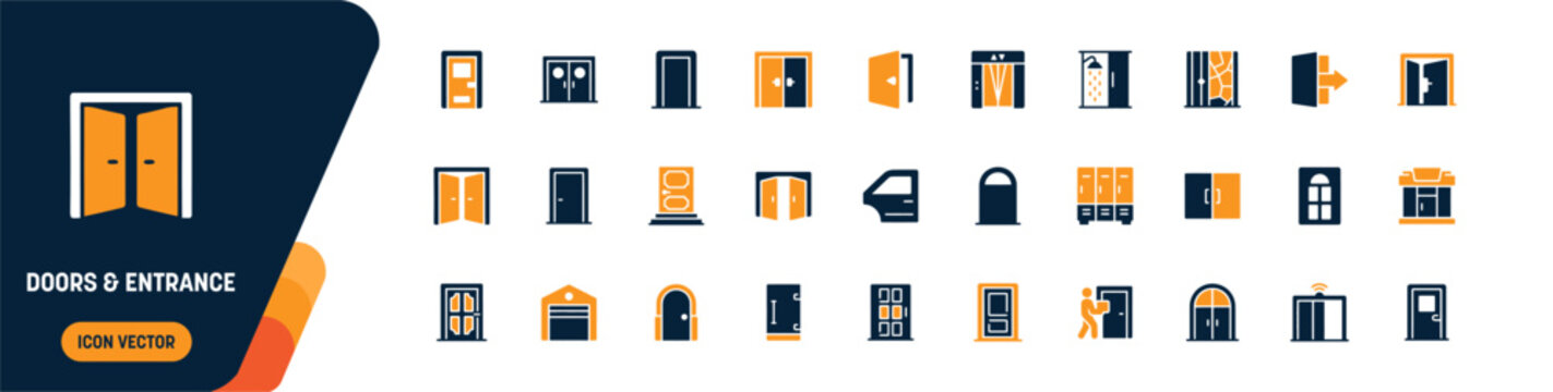 Doors and Entrance Architecture Icon Set. double door, garage door, car door, revolving door, sliding door, automatic gate and exit door. editable vector solid illustration