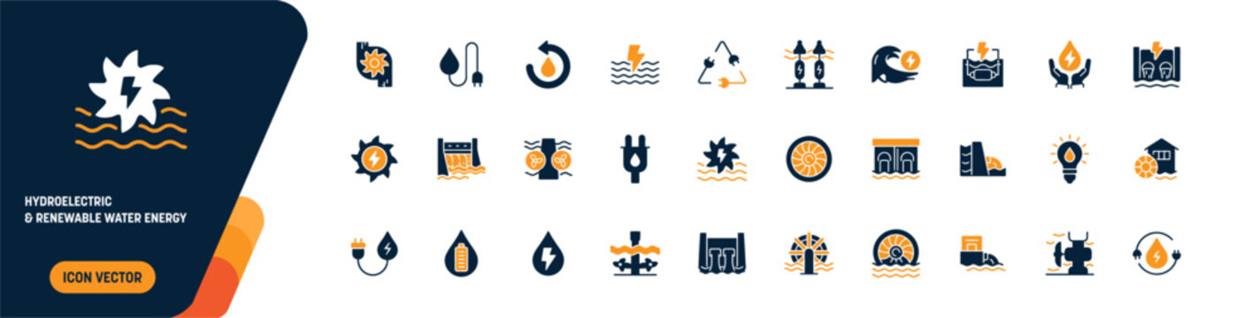 Hydroelectric and Renewable Water Energy Icon Set. water turbine, hydro dam, electric plug, water drop, eco bulb, generator and tidal wave power. editable vector solid illustration