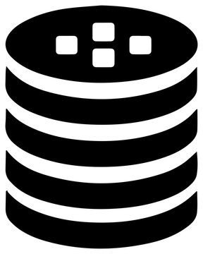 Solid black filled icon of log aggregation and data centralization in a cylindrical shape with four squares on top