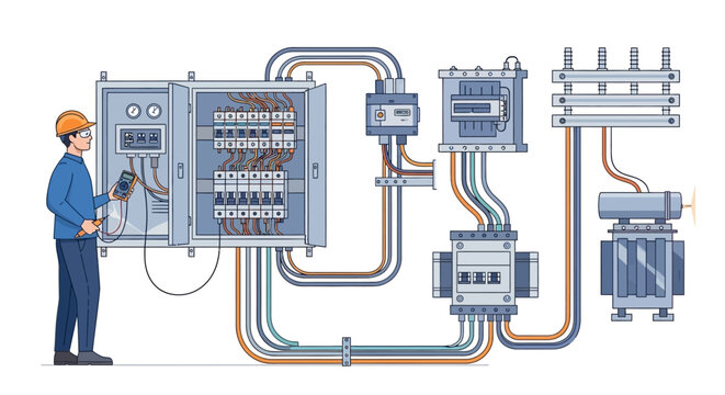 Professional electrician testing industrial control panel with multimeter illustration.