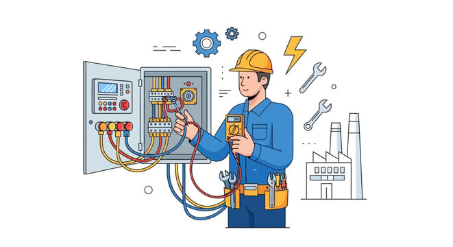 Professional electrician technician performing industrial maintenance on an electrical control panel