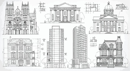 Obraz premium Architectural Building Sketch Vector Illustration Design Collection