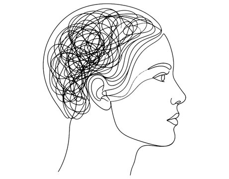 Minimalist continuous line art illustration of a woman profile with tangled messy lines inside brain, concept of anxiety, mental health, overthinking, and psychological stress.