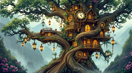 Fototapeta premium Magical clock village inside a misty ancient tree. Large oak fantasy town with lanterns and gears. Enchanted branch homes for game and book artwork