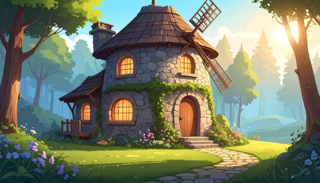 Sunlit stone mill house beside a winding forest path. Warm rural tower framed by trees and meadow flowers. Inviting cottage scene for travel decor story art