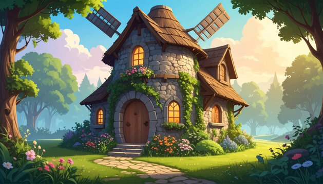 Rural stone mill cottage beside blooming garden ivy. Sunlit country home for cozy farmhouse illustration. Charming blade tower surrounded by flowers trees