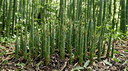 Fototapeta premium Fresh bamboo shoots emerging from forest floor in dense green growth foliage