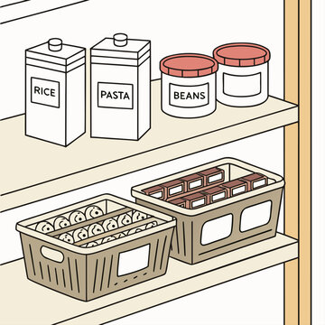 Stocked and organized kitchen pantry shelf with labeled food canisters and storage baskets