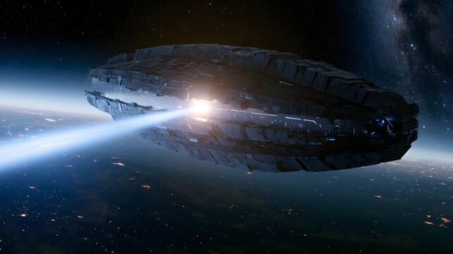 Colossal alien ship looms over Earth emitting a focused energy beam cinematic digital art
