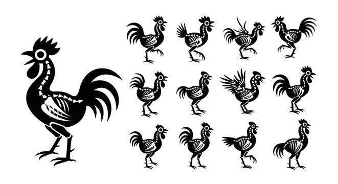 Black Rooster Silhouette with Multiple Roosters.