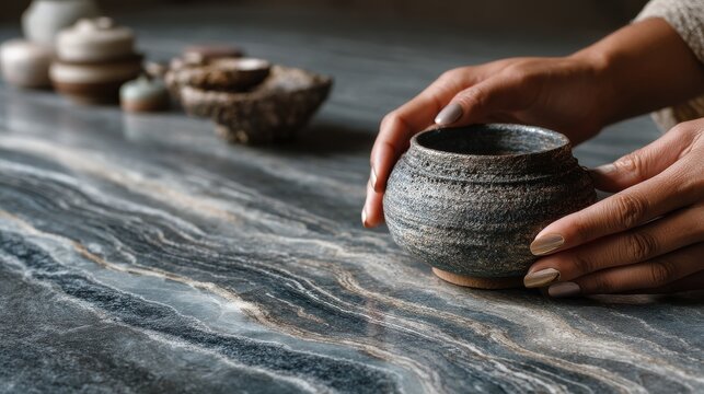 Hands gently placing ceramic pottery on polished gray marble slab with elegant white veining, soft natural lighting, cropped lifestyle composition for commercial use