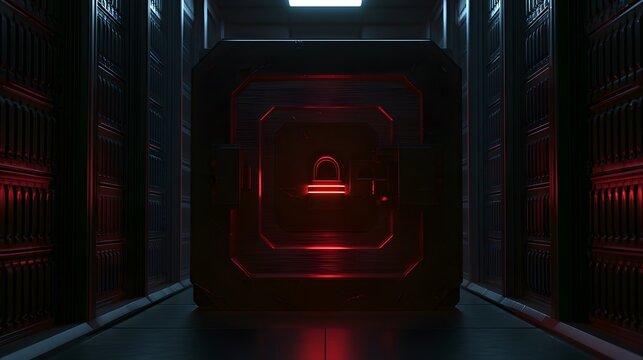 Secure server access panel glows within a vast modern industrial data center environment