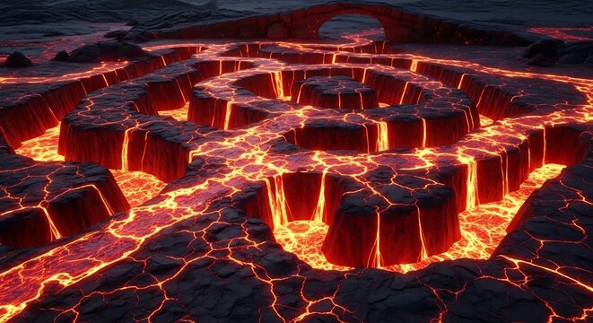 Fiery Lava Maze Landscape with Glowing Molten Rock Formations.