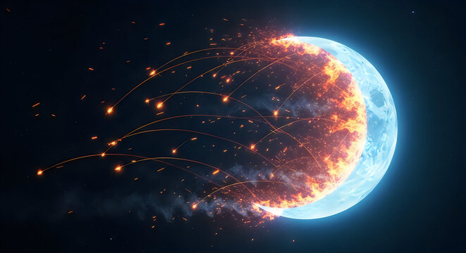 Earth explosion with fiery asteroid impacts