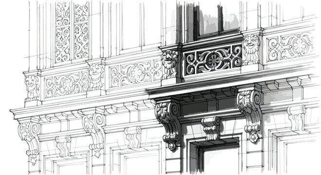 Ornate classical building facade architectural vector illustration