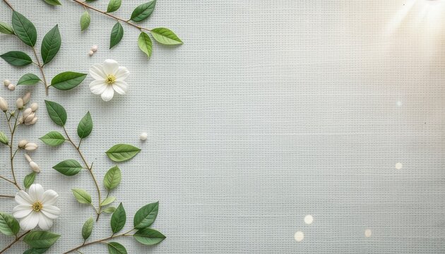 右上から差し込む暖かな光線がファブリックの織り目を照らす、可憐な白い花とグリーンの植物のフラットレイ
