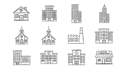 Fototapeta premium Hand drawn building vector illustration set city architecture sketch