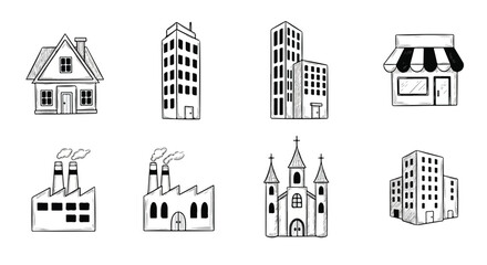 Obraz premium Hand Drawn Building Architecture Vector Illustration Set
