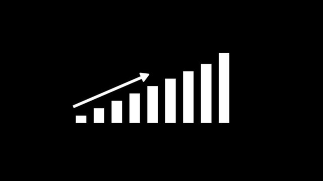 Minimalist business growth bar chart animation with rising arrow on black background