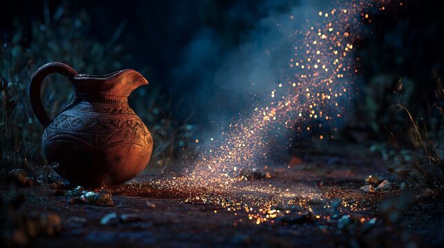 A mysterious ancient clay jug emitting sparks in a dark forest setting