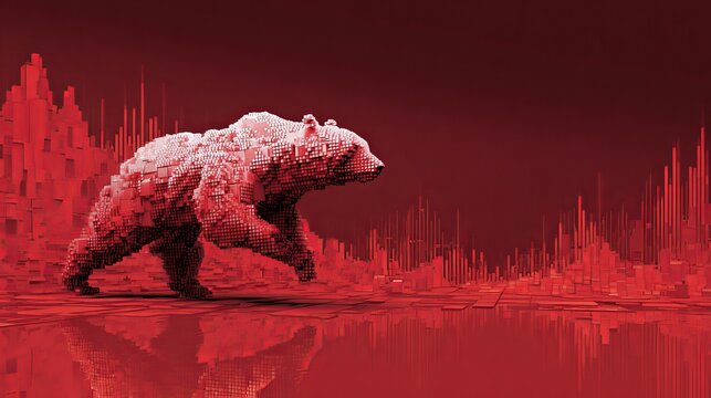 A red pixelated bear walks through a graph with a downward trend