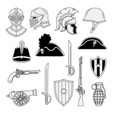 Historical weaponry and military headgear line art illustration
