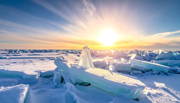 A bright, sunlit landscape of frozen water and snow. Ice chunks reflect the sun's warm light against a clear blue sky