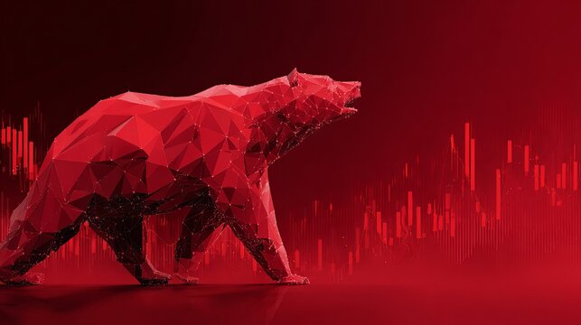 A red geometric bear walking in front of a stock market graph with a dark red background