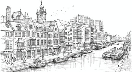 Obraz premium Hand drawn vector illustration of a historic city canal with boats