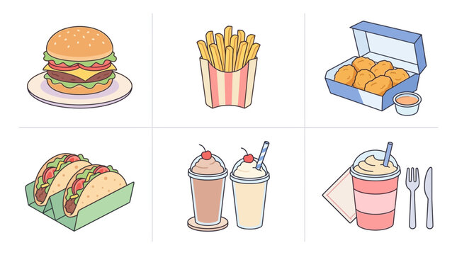 A diverse collection of popular fast food icons, showcasing burgers, fries, nuggets, tacos, and milkshakes, arranged in a neat grid layout