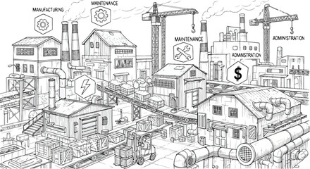 Fototapeta premium Industrial factory complex vector illustration with manufacturing line