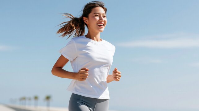 Cheerful young asian woman running outdoors against clear blue sky side profile.