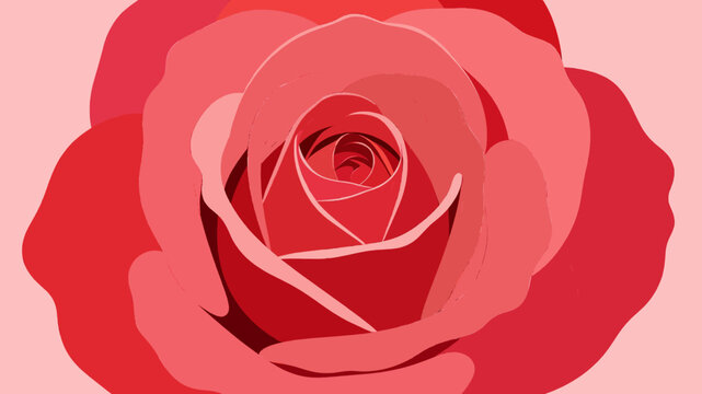 A stylized flat illustration of a red rose in bloom, featuring layered petals in various shades of red against a soft pink background.
