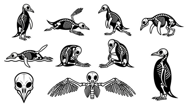 Detailed penguin skeleton illustrations set.