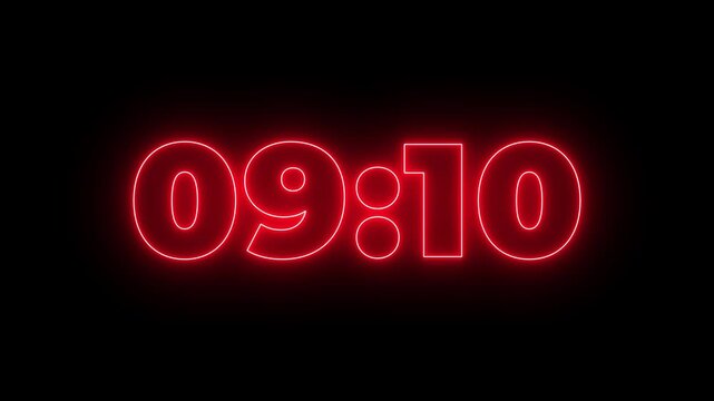 10 minutes countdown timer animation, 10 minutes displays modern minimal countdown, 600 second countdown timer, neon Countdown timer from 10 minute to 0 minute suitable for presentations 4k video.