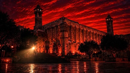 Naklejka premium A majestic Ottoman-era mosque illuminated against a intensely dramatic, fiery red and orange twilight sky with vibrant reflections on wet ground.