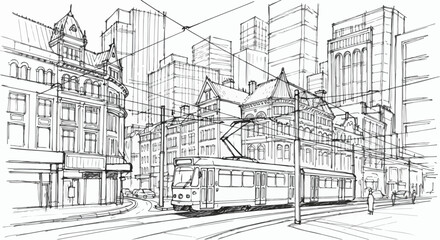 Fototapeta premium Urban Street Cityscape With Tram Illustration Vector Art Sketch