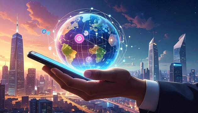 A business professional's hand holds a mobile device, displaying a digital globe connected by networks, with a cityscape background