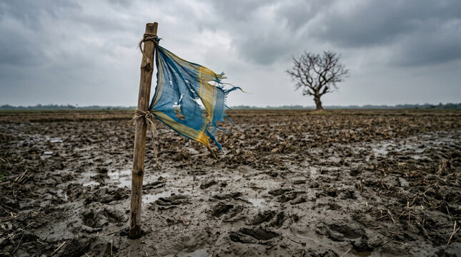 A tattered blue and yellow flag tied to a wooden post in a muddy field