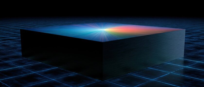Black cube on glowing grid with rainbow light effect