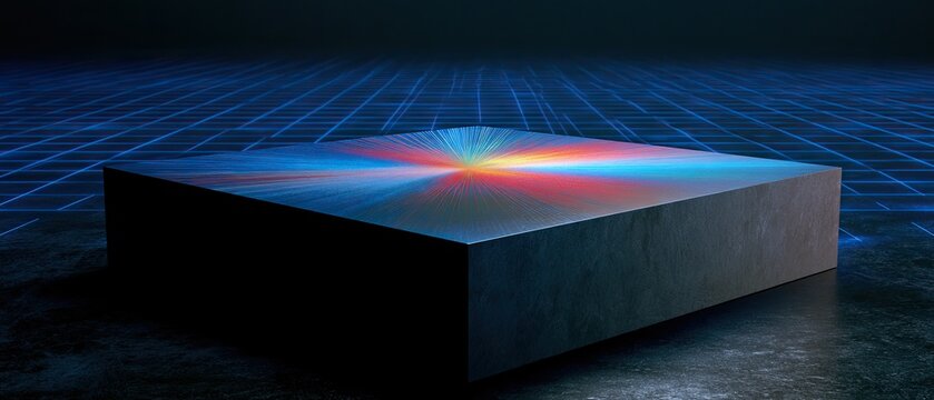 A cubic pedestal with a radiant light display sits on a textured floor