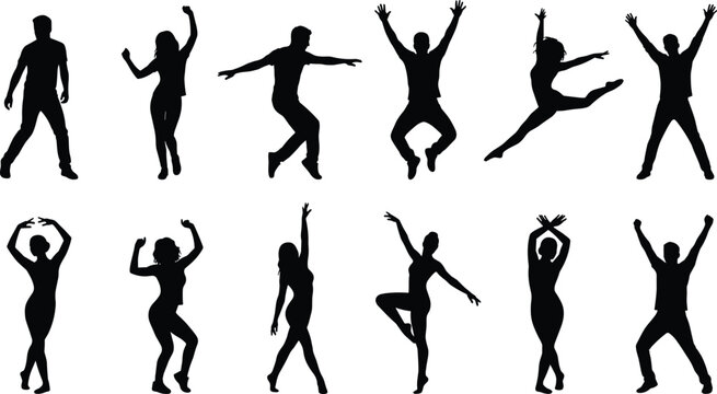 Dancing and Jumping People Silhouette Collection with Ballet Poses and Energetic Performance Vector Illustration Set