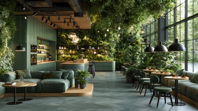Modern biophilic cafe restaurant interior design with lush green plants