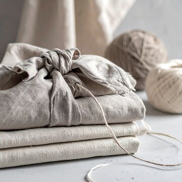 Natural linen fabric bundle with string and textured yarns on a tabletop