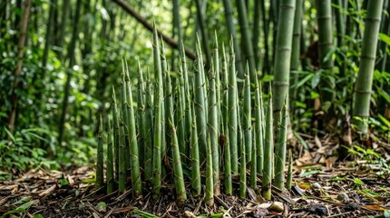 Obraz premium Fresh bamboo shoots emerging from dense forest soil amidst lush green foliage floor