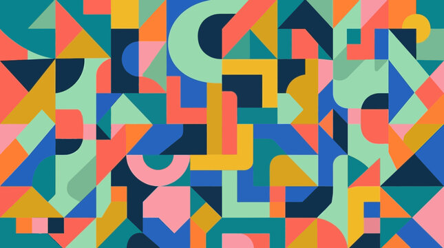 Vibrant geometric shapes create a colorful abstract pattern on a digital canvas